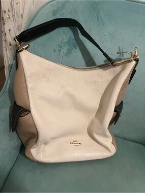 Coach Two-Tone Pebbled Leather Hobo Bag in White and Taupe with Black Strap